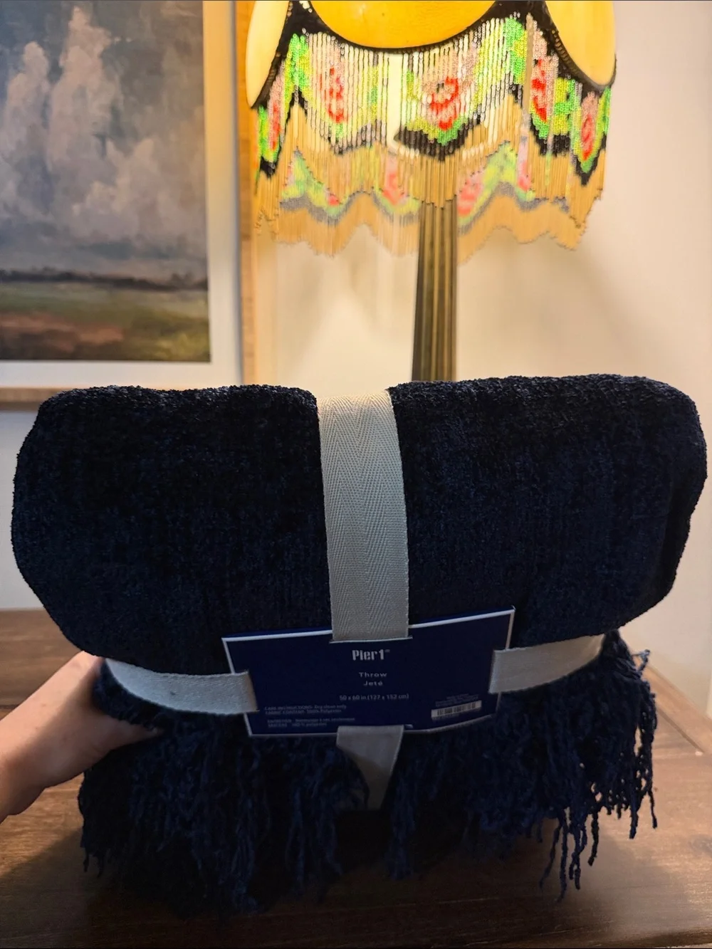 Pier 1 Navy Chenille Throw with Fringe